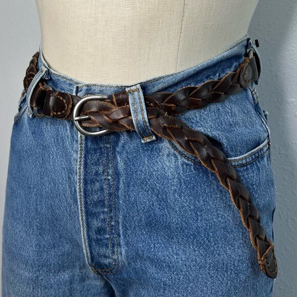 Y2K Brown Distressed Leather Woven Braided O-Ring Belt - Picture 2 of 8